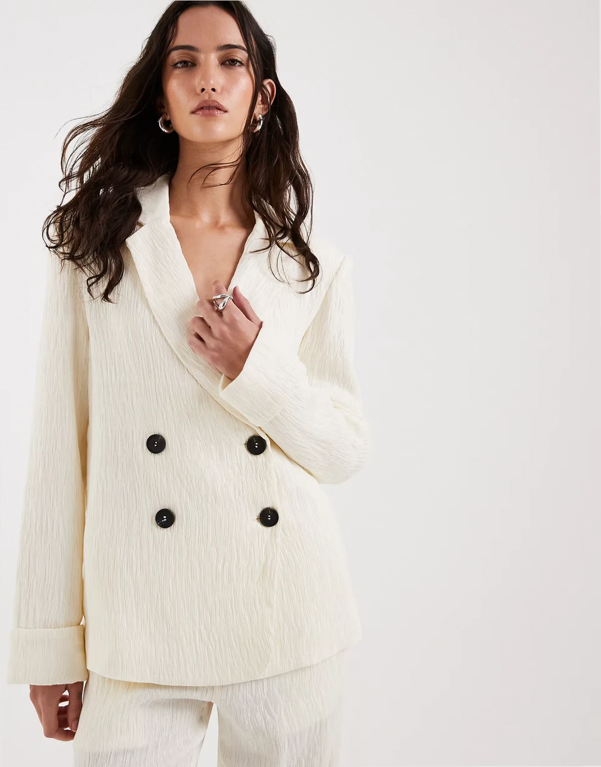 textured double breasted fold-over cuff blazer in cream - part of a set