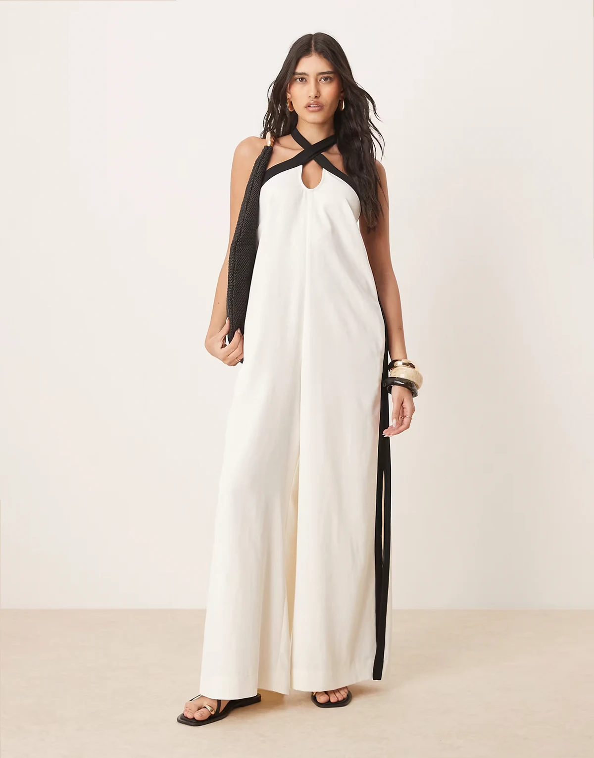 cross halter contrast split leg jumpsuit in cream