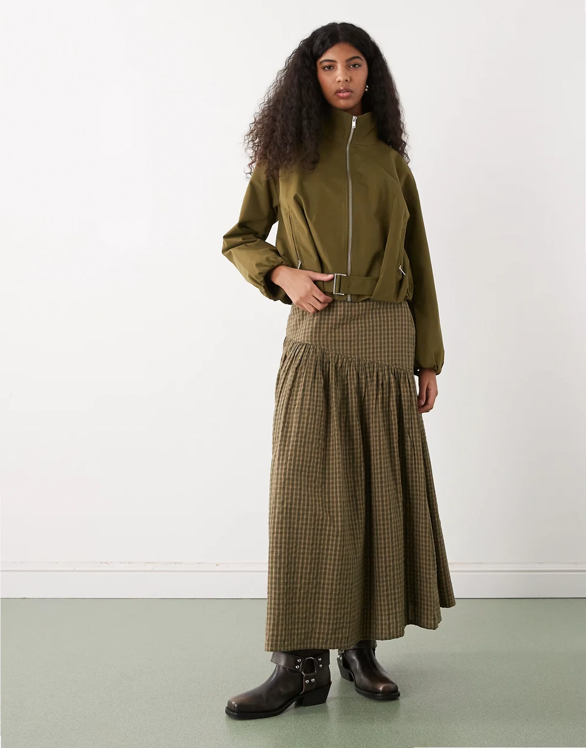 drop waist maxi skirt in green plaid
