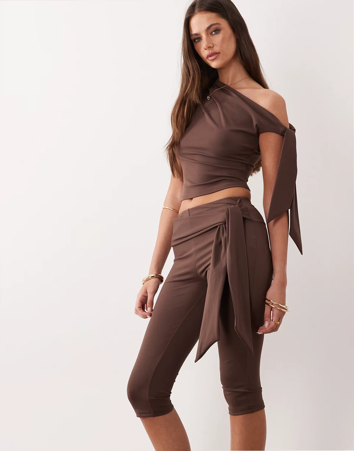 exclusive slinky drape knot side capri pants in chocolate - part of a set