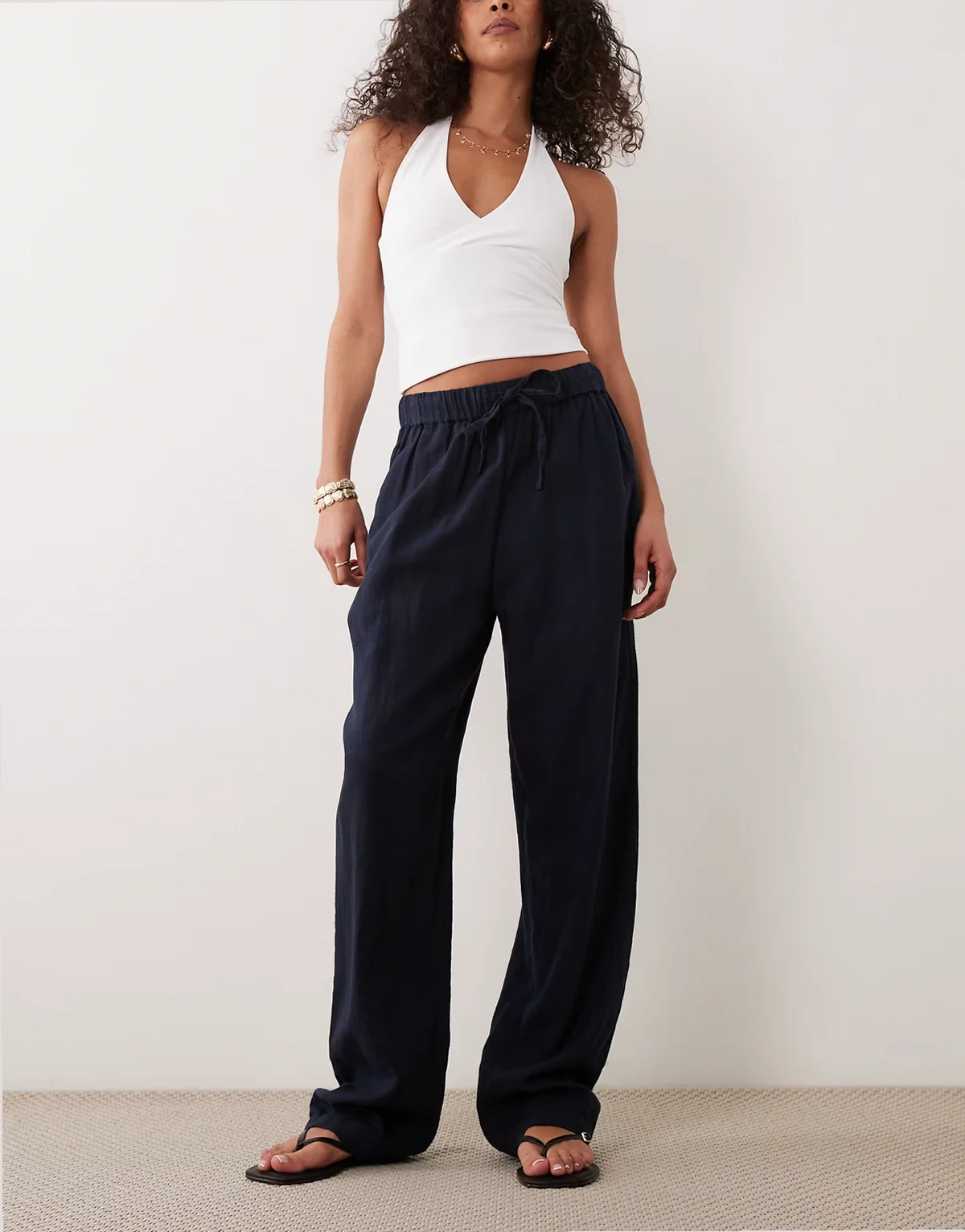 tapered linen blend pants in navy