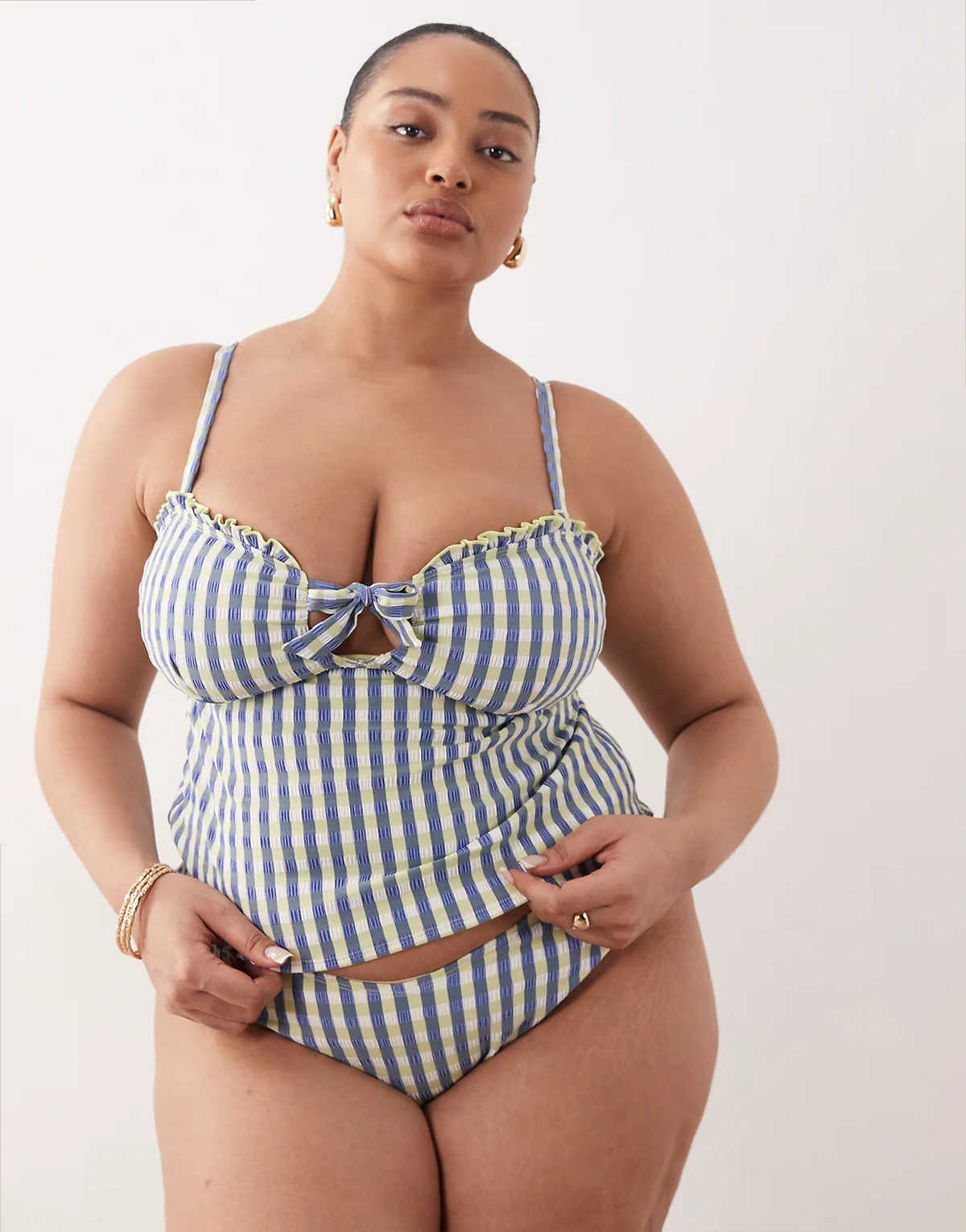 ASOS DESIGN Curve Cheri check high leg bikini bottoms in lime check