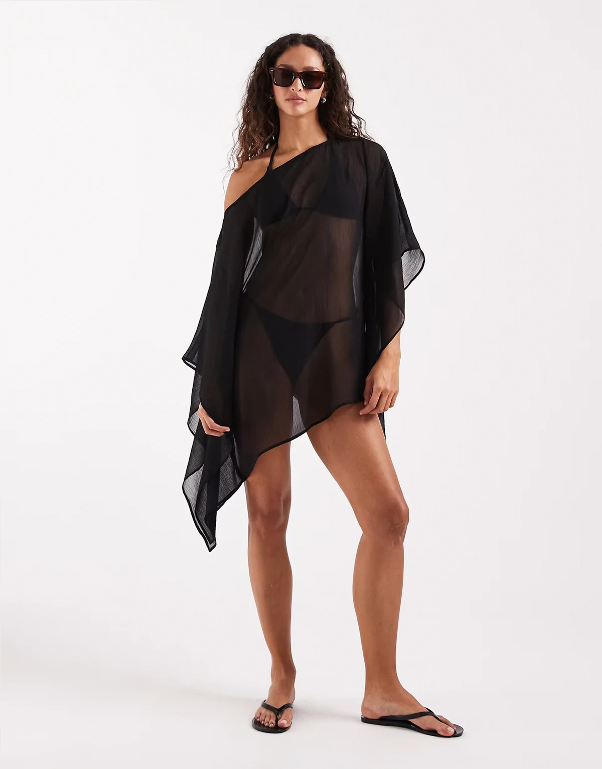 sheer beach mini poncho cover up in black