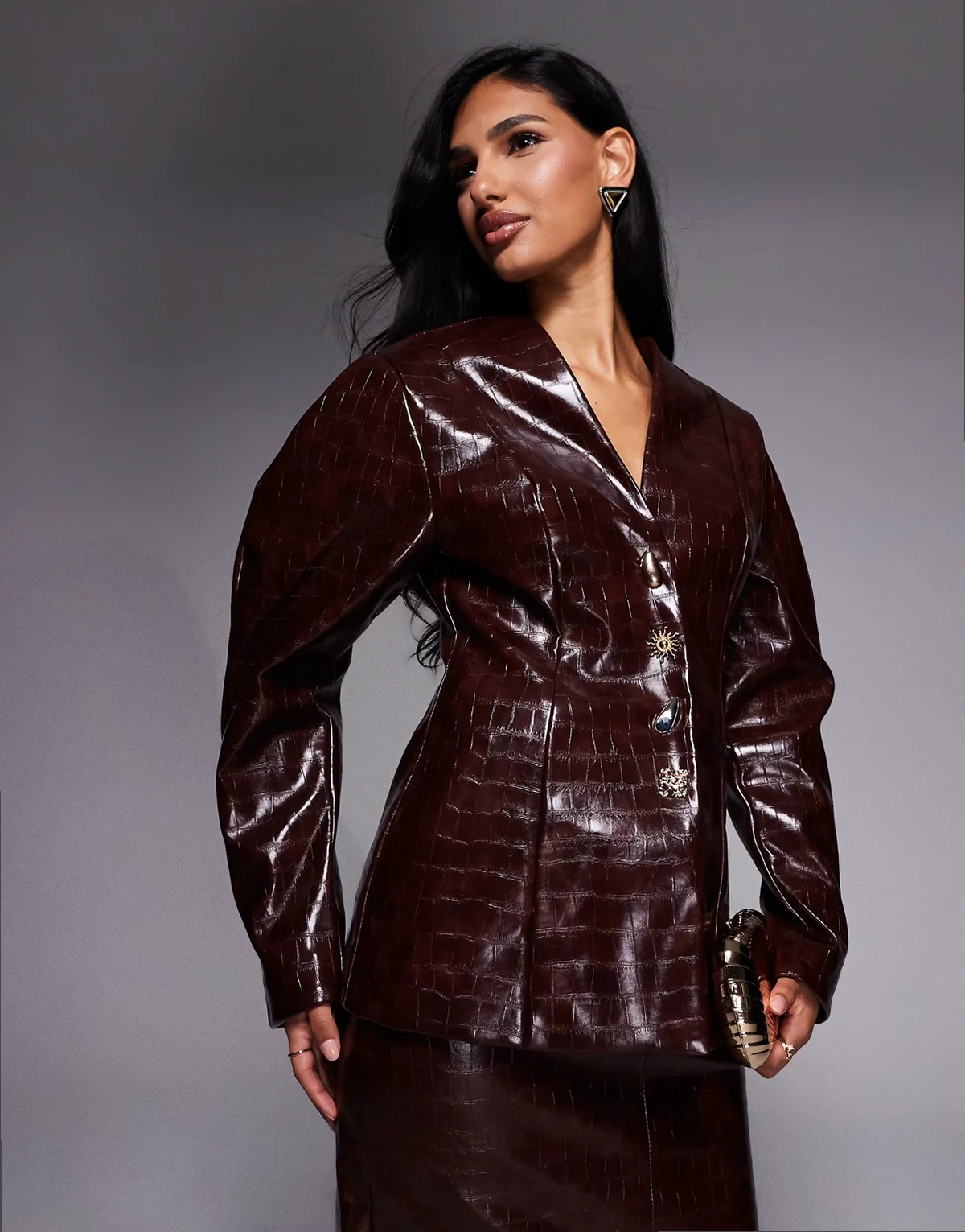 croc structured blazer with gold buttons in chocolate - part of a set