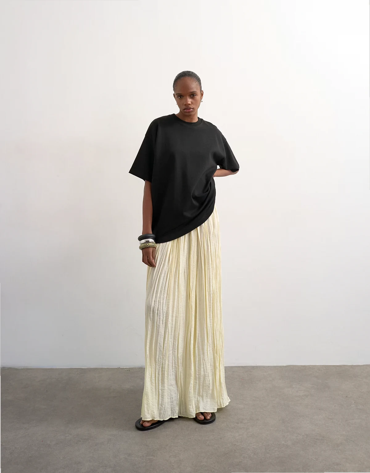 shirred waist crinkle full circle maxi skirt in natural