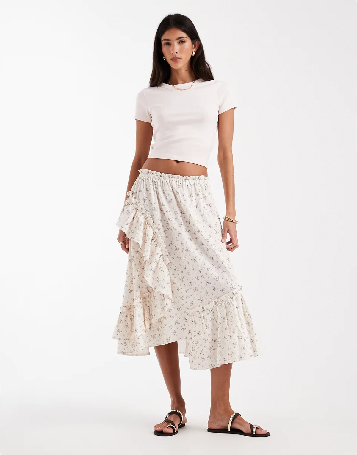 low rise tiered asymmetric midaxi skirt in cream floral