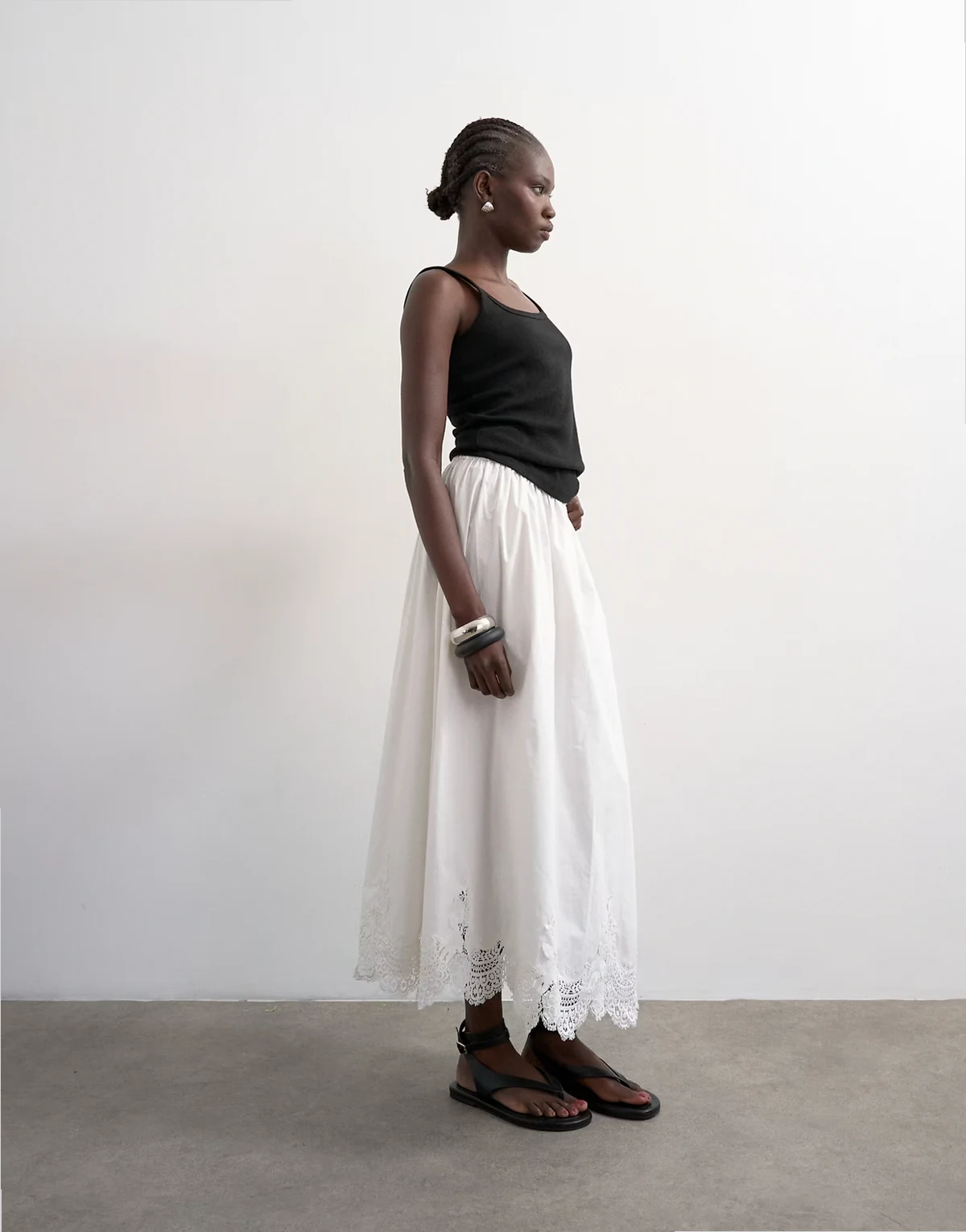 lace hem full circle maxi skirt in ivory