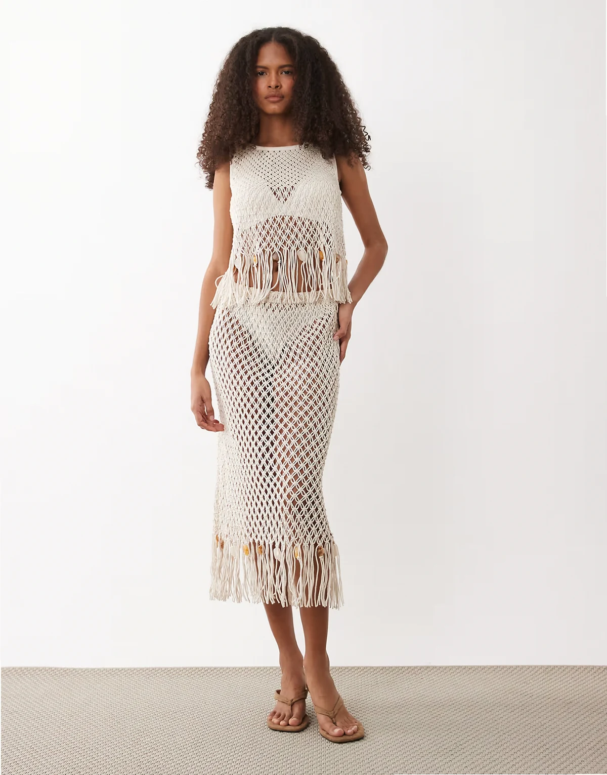 crochet fringed beaded skirt in white