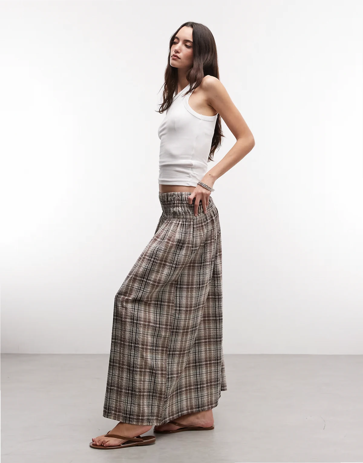 shirred waist band maxi skirt in brown plaid