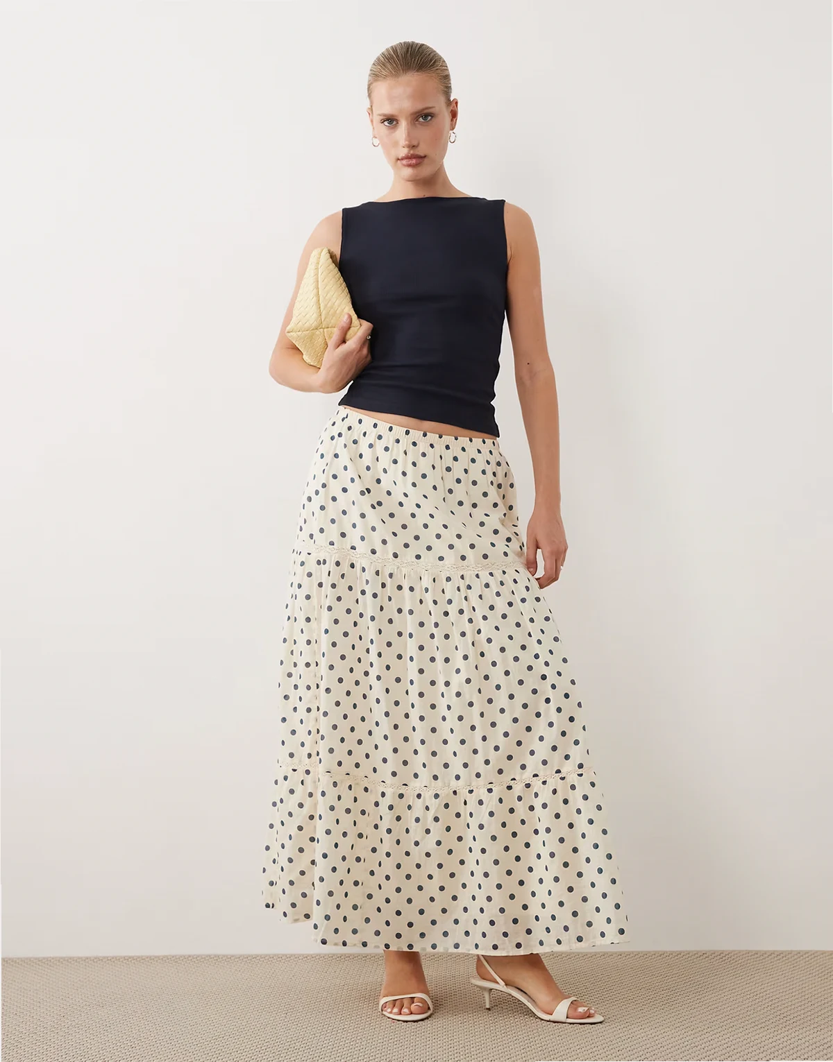 tiered maxi skirt in cream polka dots