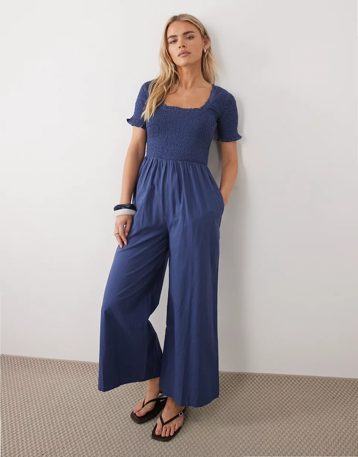 Zita short sleeve shirred bodice cotton jumpsuit in navy