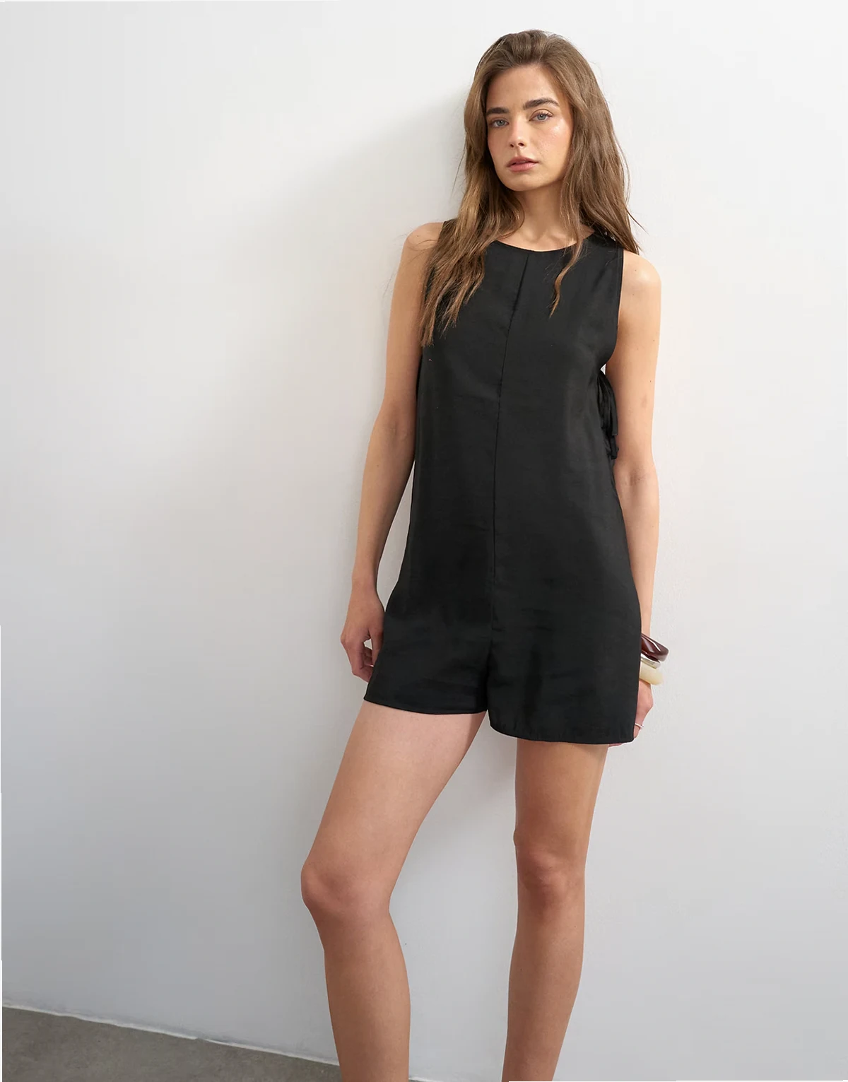 throw on boxy romper in black cupro