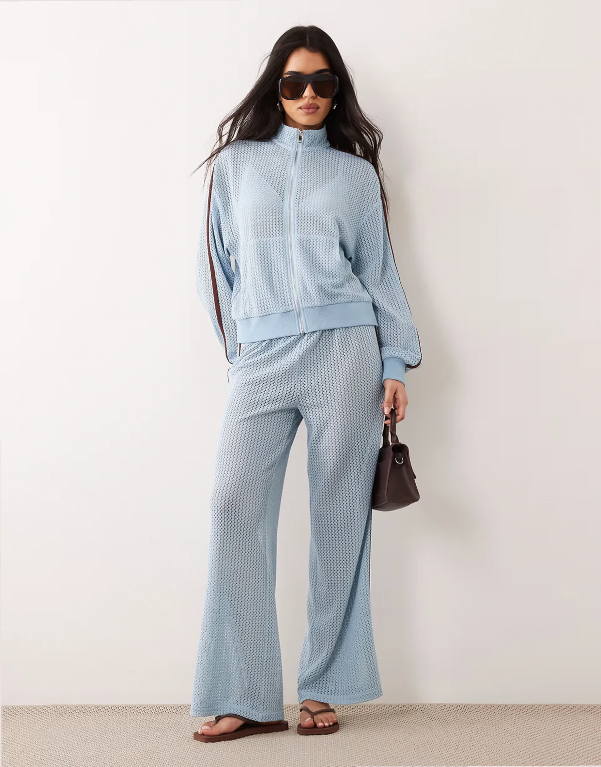 Exclusive crochet contrast stripe pants in baby blue and chocolate - part of a set