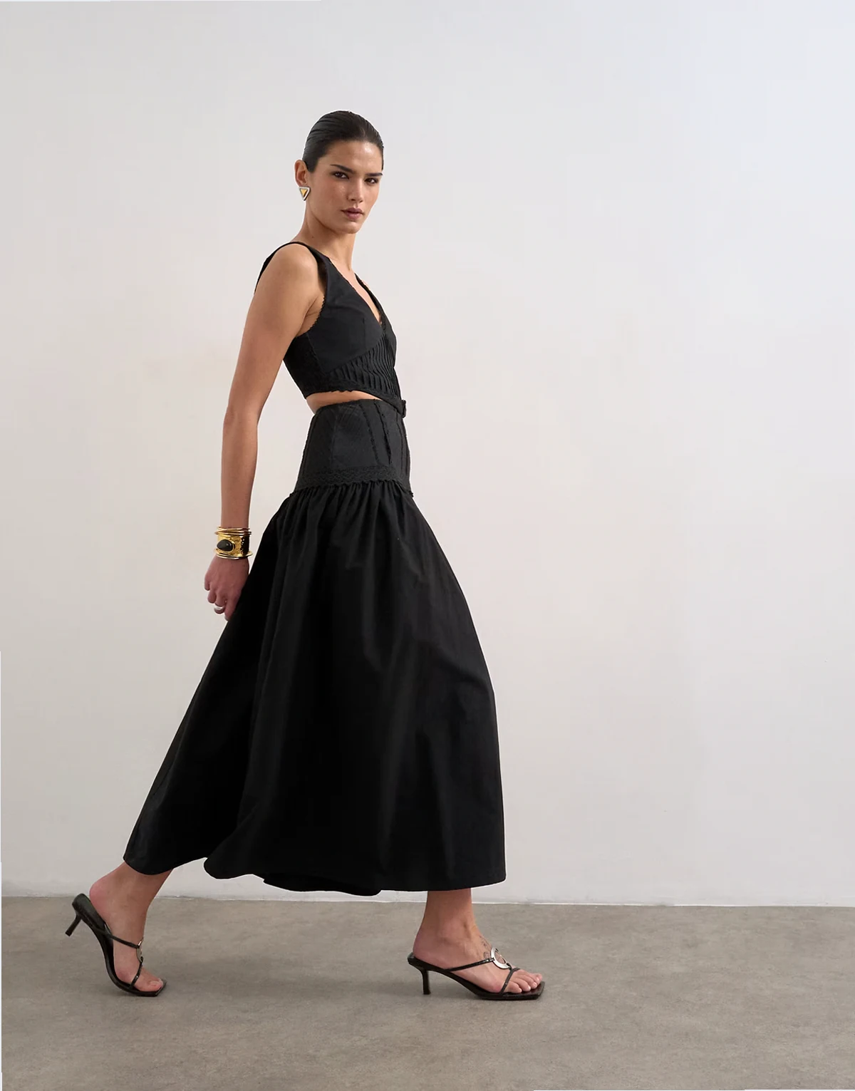 deep v maxi pinny dress with heavy embroidery in black