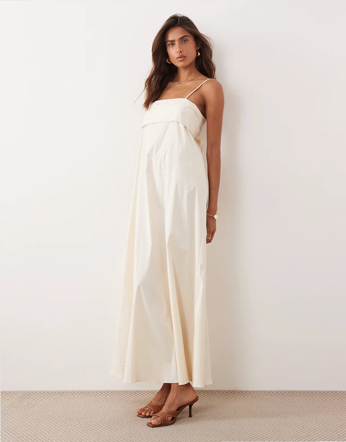 exclusive stretch cotton rich foldover drape detailing cami maxi dress in cream