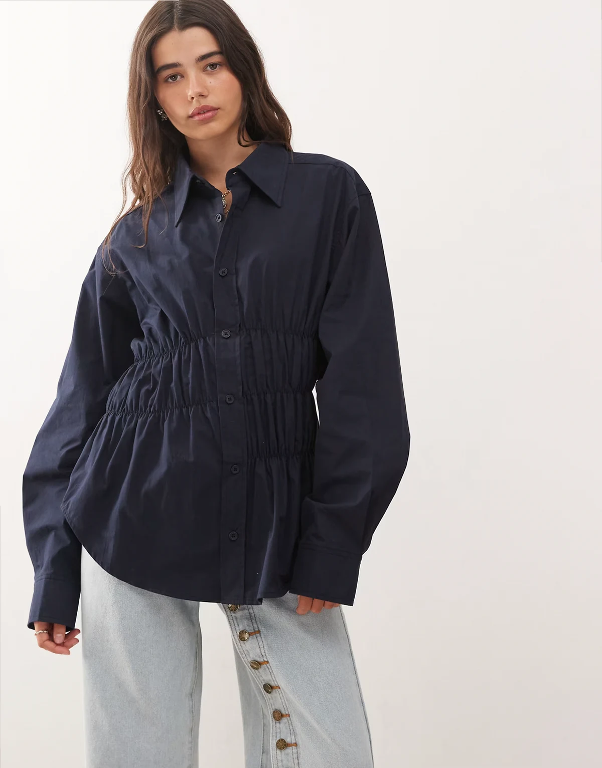 Chloe cotton wide sleeve cuffed ruched detail oversized shirt in midnight navy