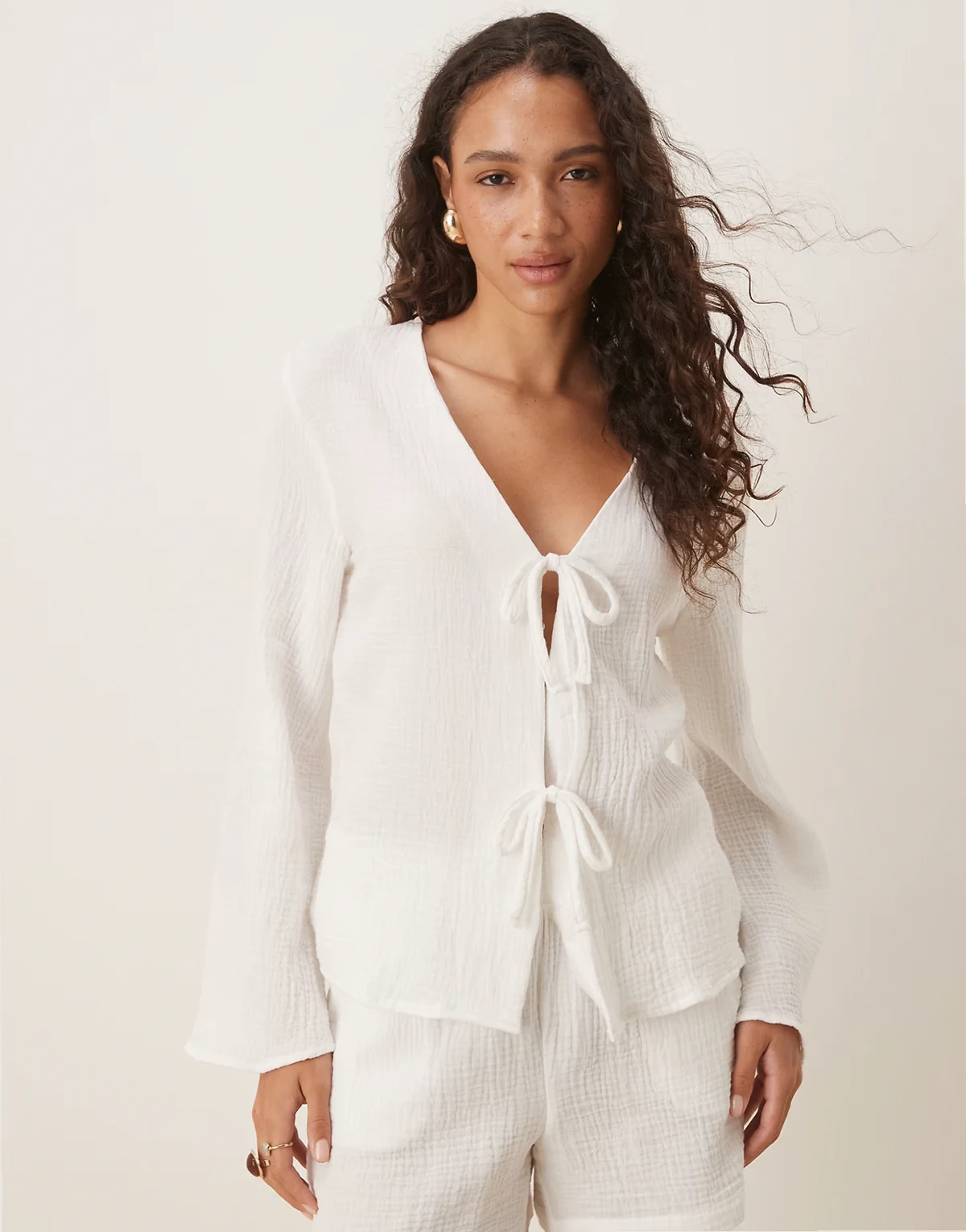 tie front cheesecloth shirt in off-white - part of a set