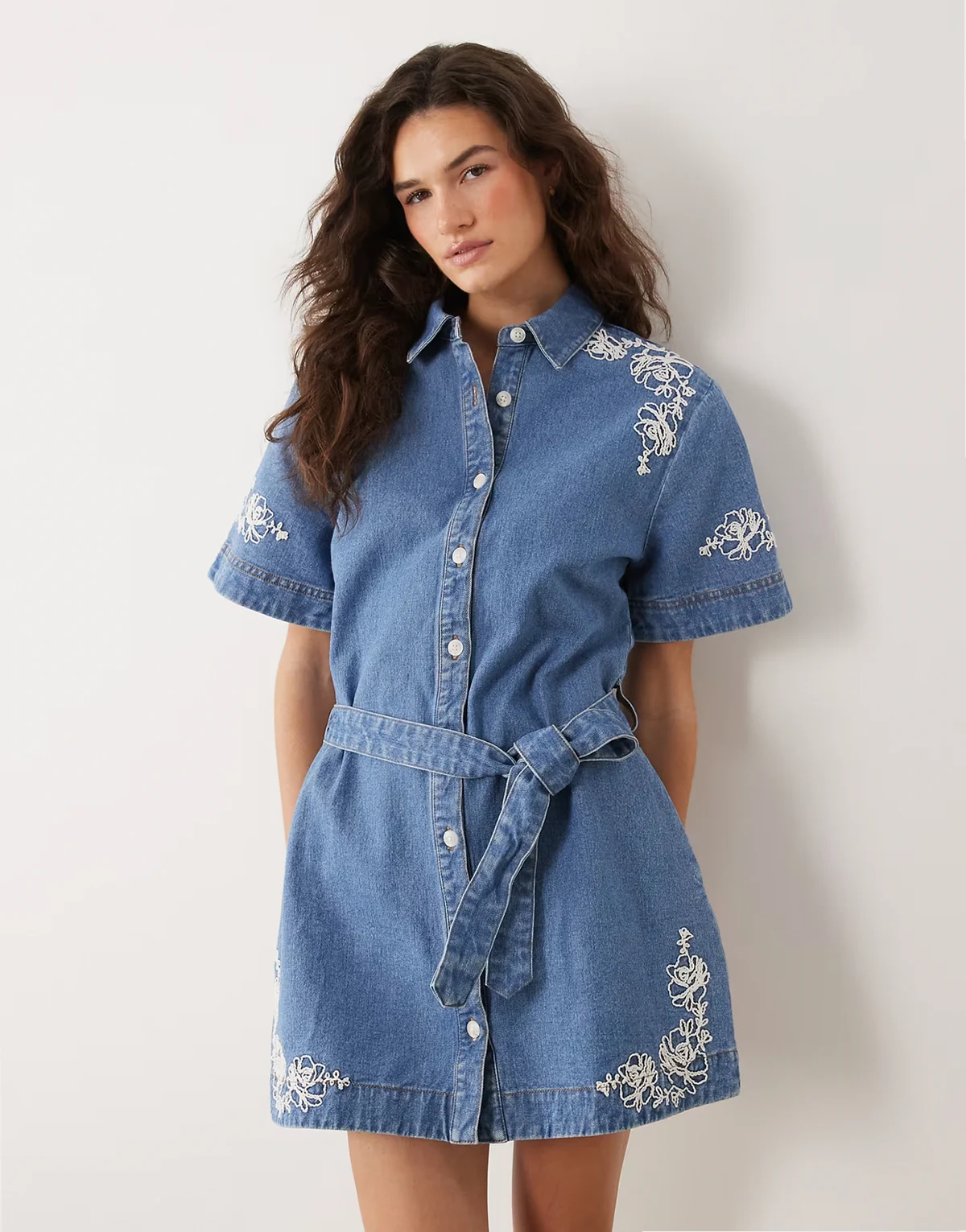 embroidered denim dress with belt in blue wash