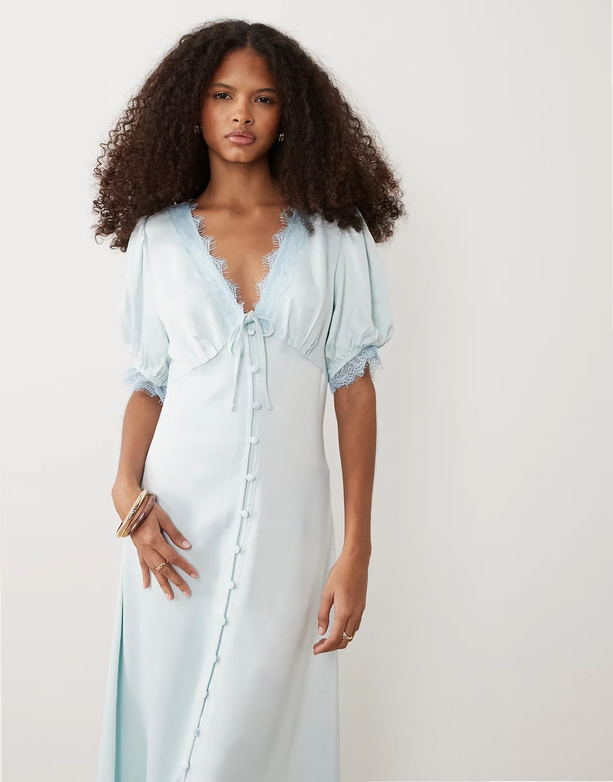 lace trim satin button up maxi dress in blue