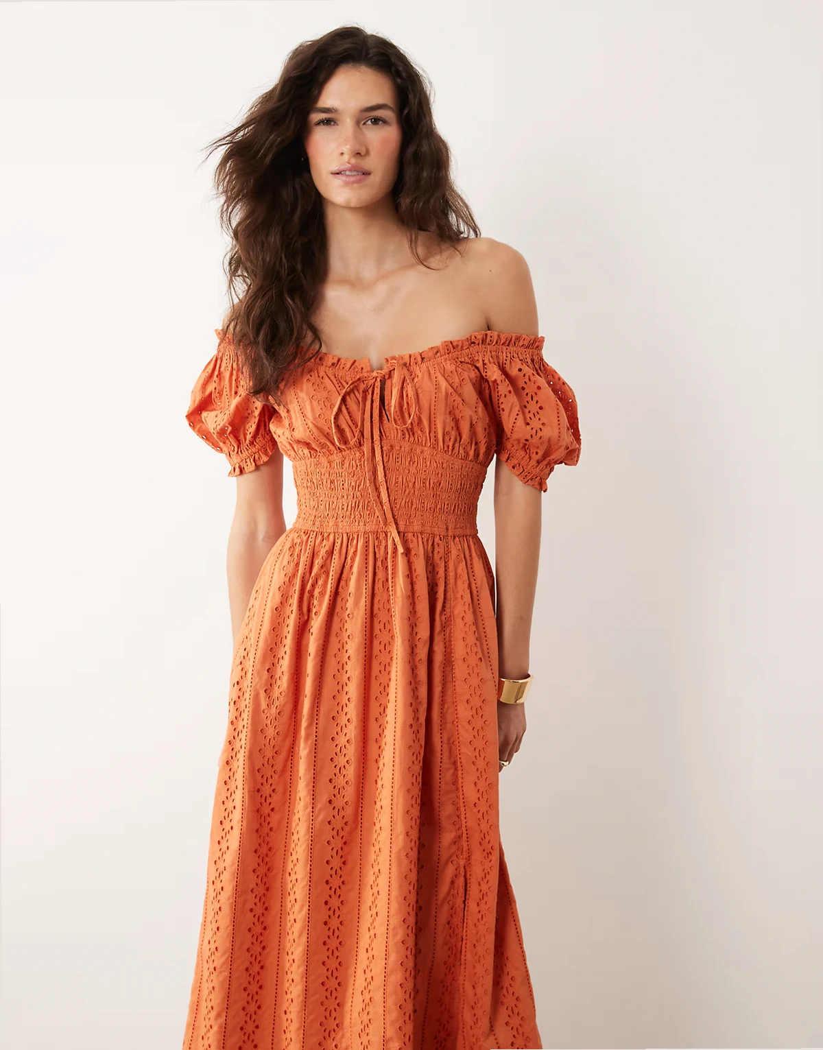 eyelet milkmaid maxi dress in burnt orange