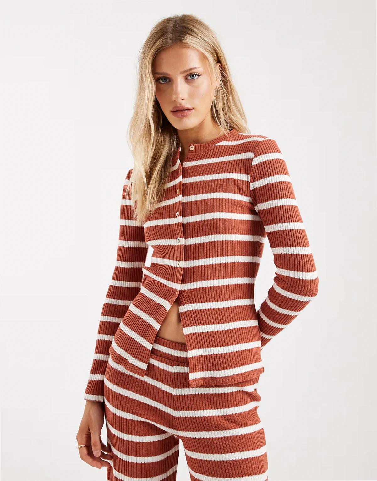 ASOS DESIG long sleeve ribbed cardigan in rust and white stripe - part of a set