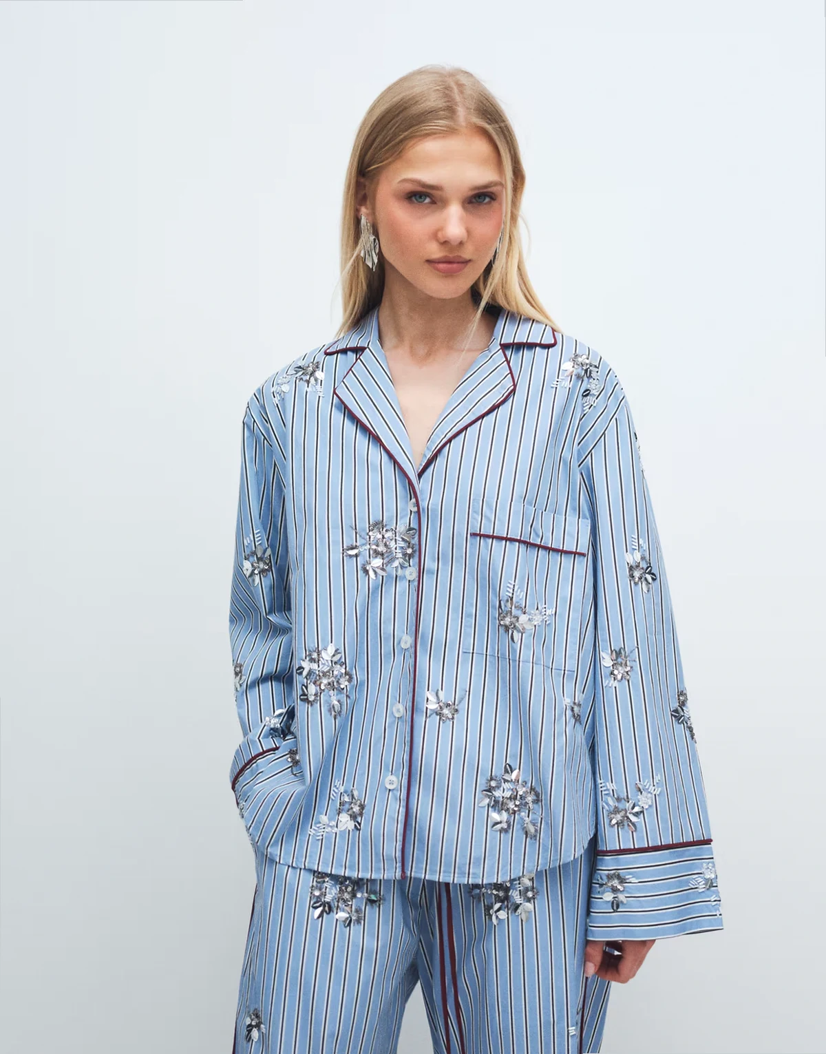 embellished pajama shirt in stripes - part of a set