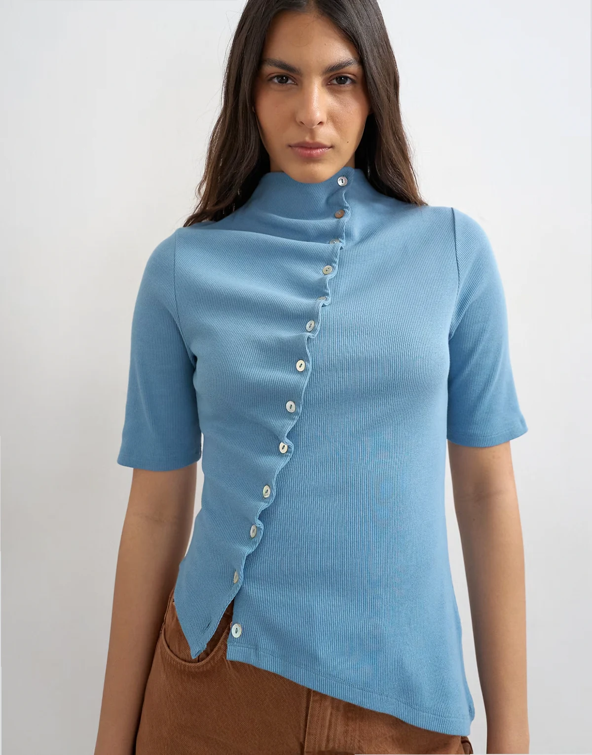 high neck ruffle button up half sleeve top in dusty blue
