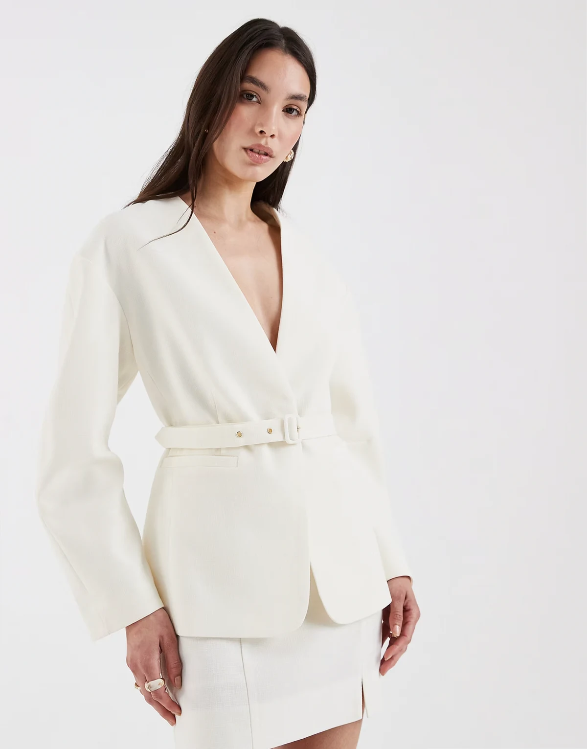 tailored nipped waist belted blazer in textured buttermilk