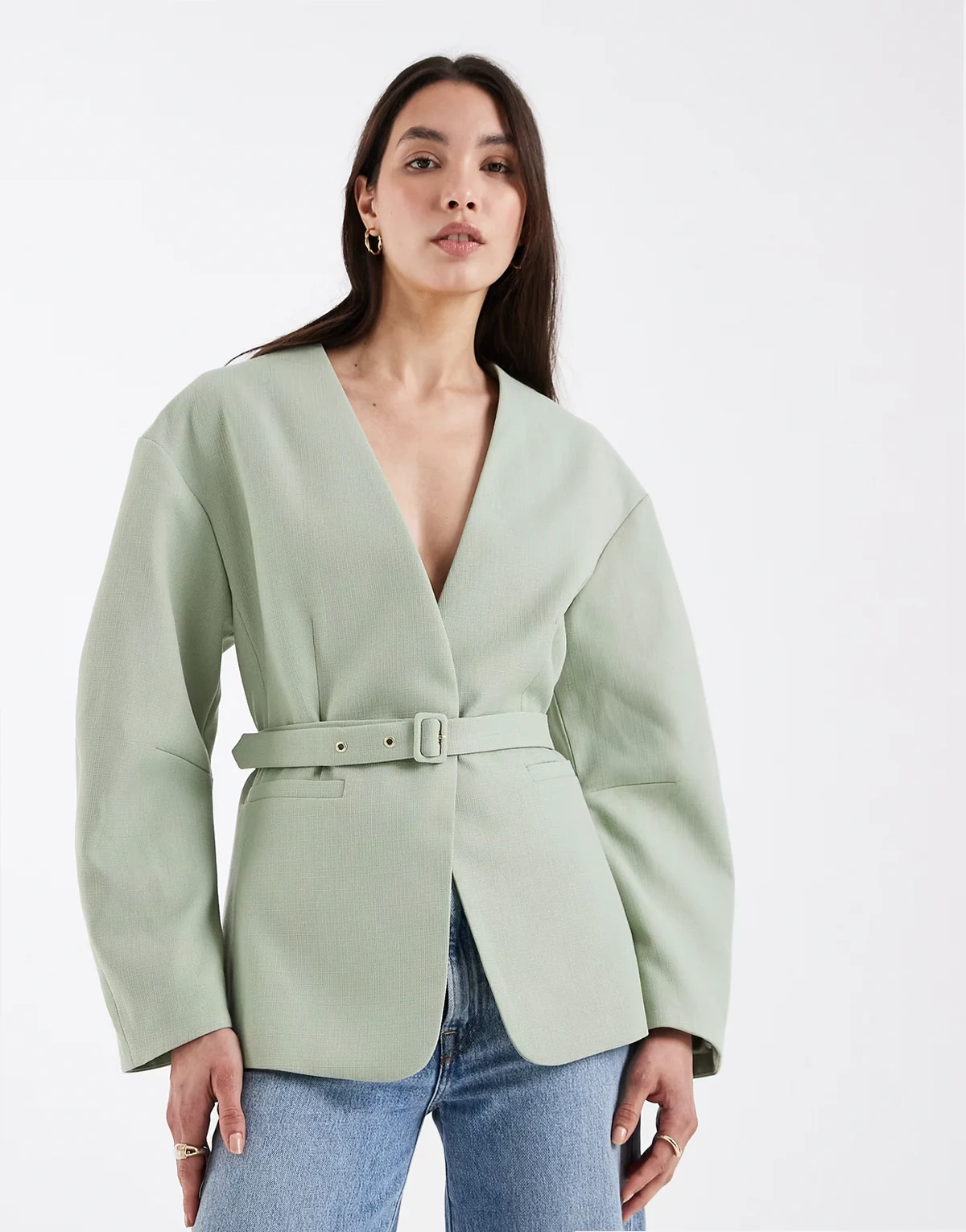 tailored nipped waist belted blazer in textured soft green