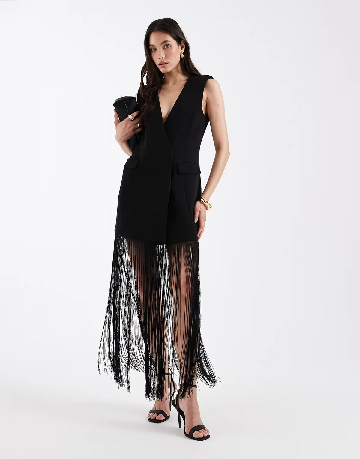 sleeveless tailored tassel detailing blazer dress in black