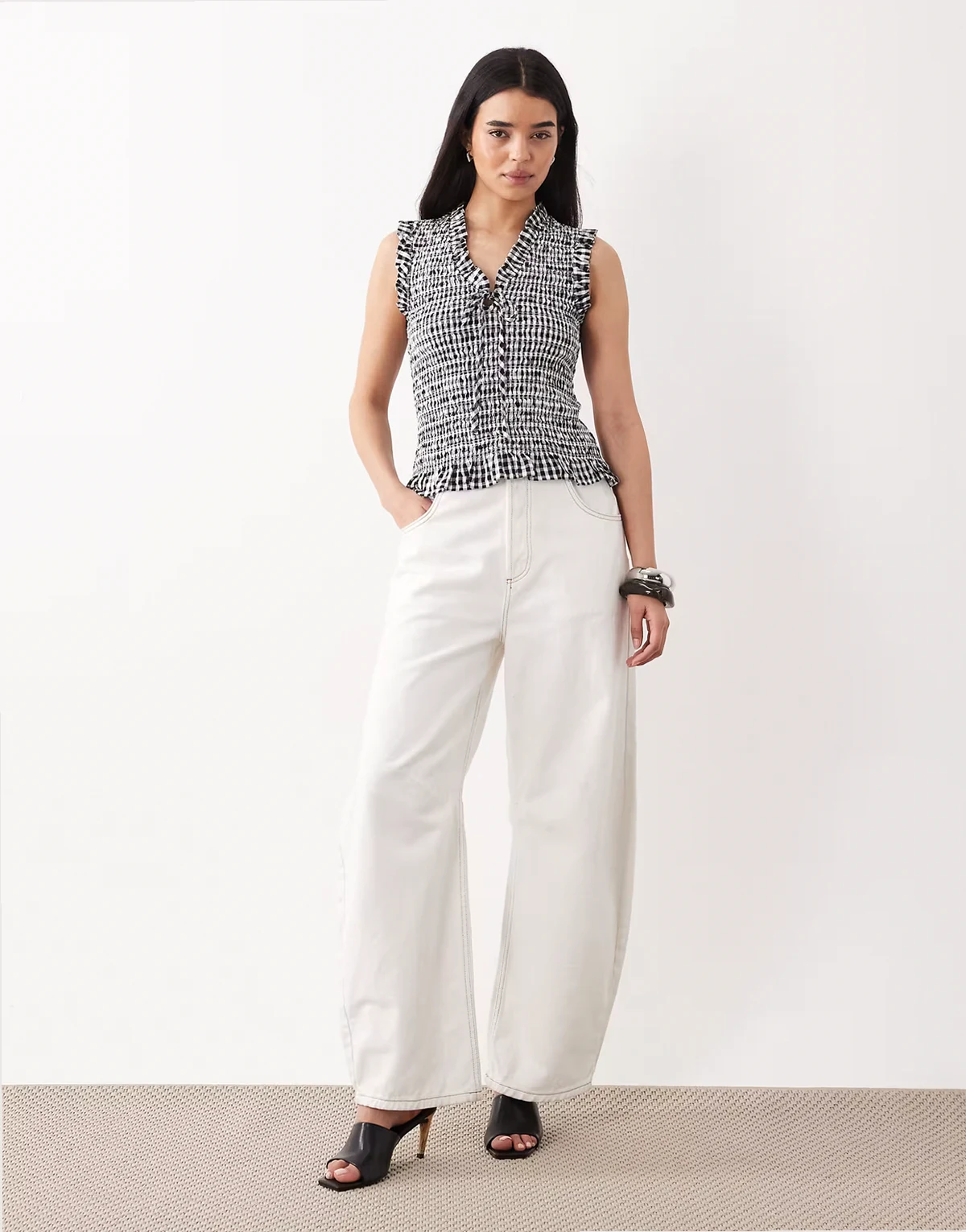 shirred top in black and white gingham
