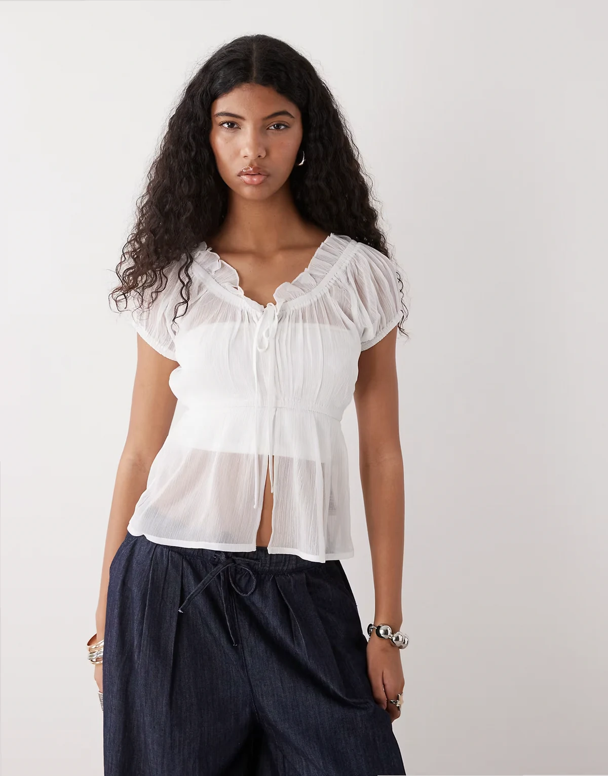 frill trim short sleeve blouse in white