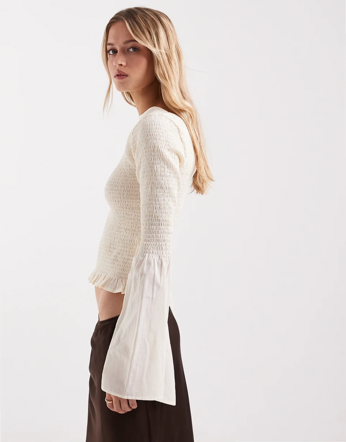 shirred long sleeve blouse in ivory