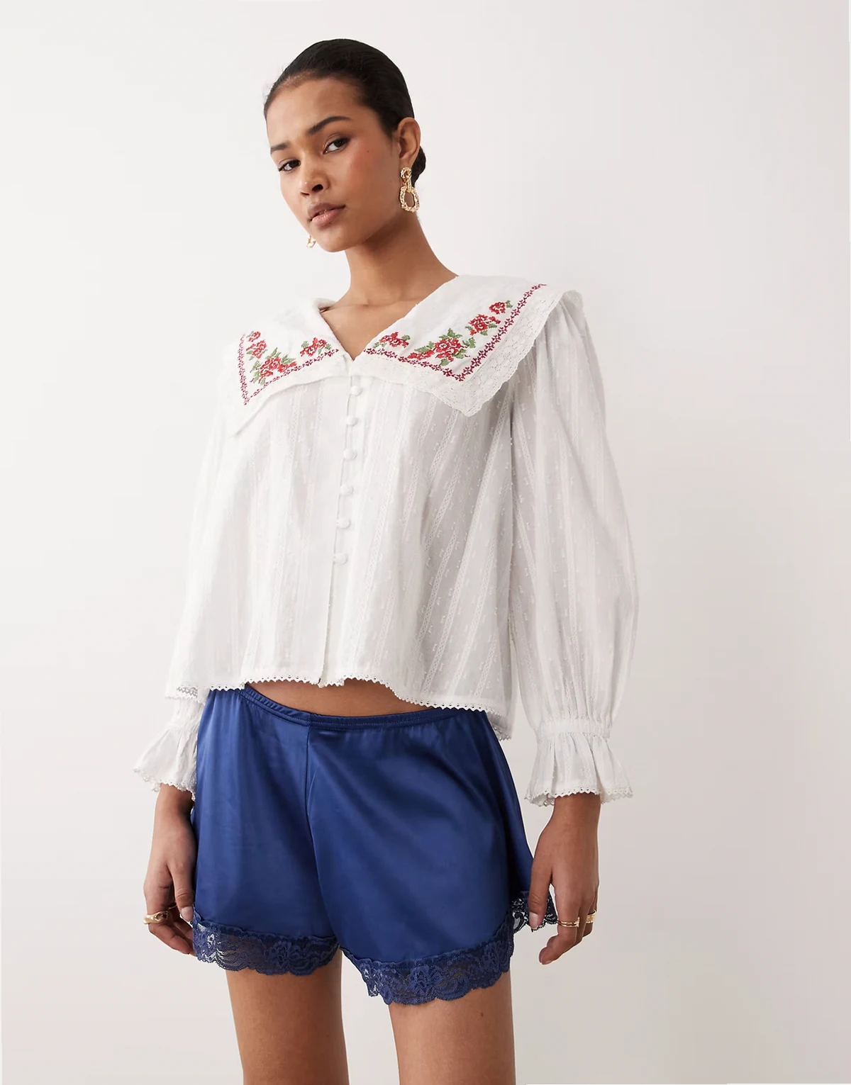 Eloise cotton rich oversized embroidered collar blouse in white