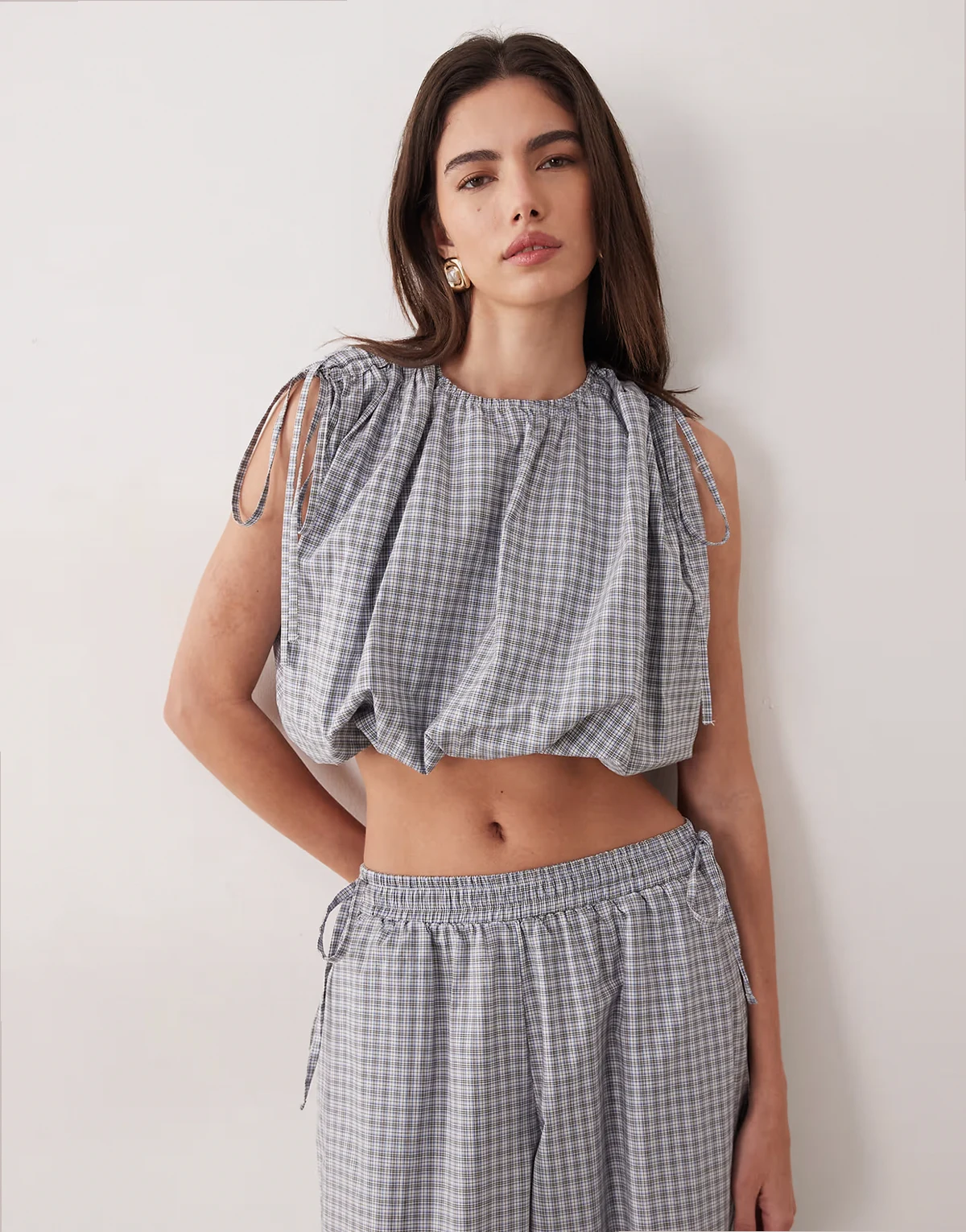 cotton bubble drawstring detail top in blue gingham - part of a set