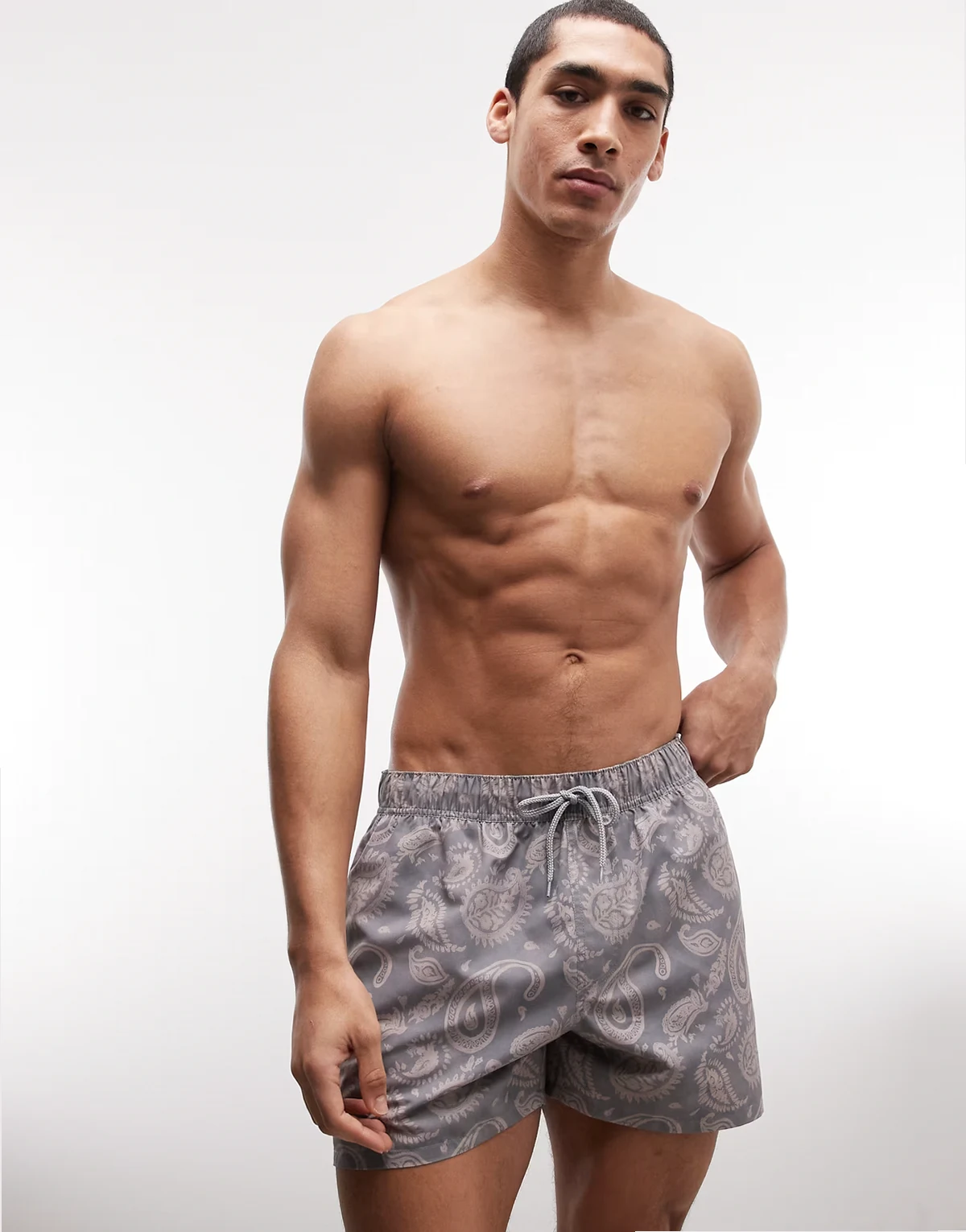 short length swim shorts with paisley print in gray