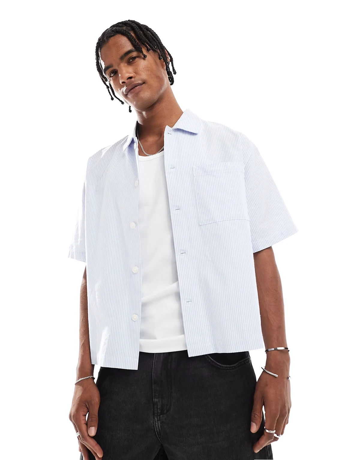 short sleeve shirt in sky blue mini stripe