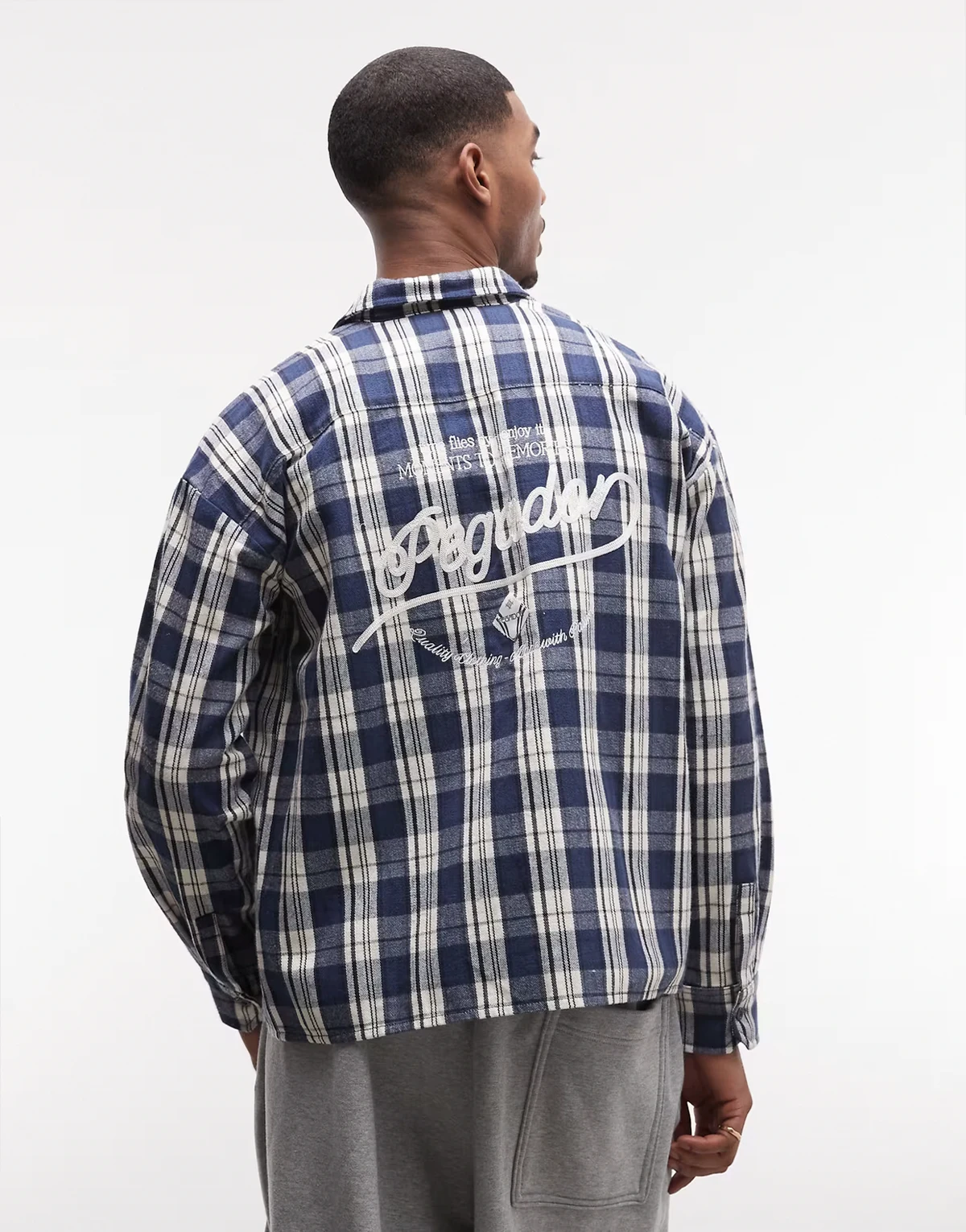 Soglio oversized flannel plaid shirt with back print in twilight blue
