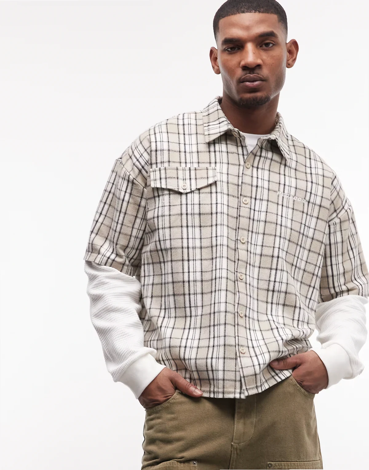 basalu double sleeve waffle detailing plaid shirt in beige
