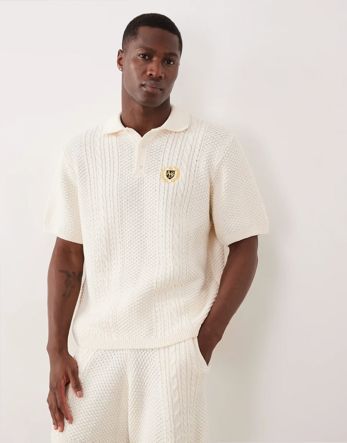 relaxed knit cable polo with embroidery in ecru - part of a set